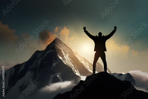  Man on mountain peak with open arms welcoming new day with sunrise. Success Business Leadership. Goals, hopes and aspirations concept. Male silhouette on sunrise mountain background / Generative AI
