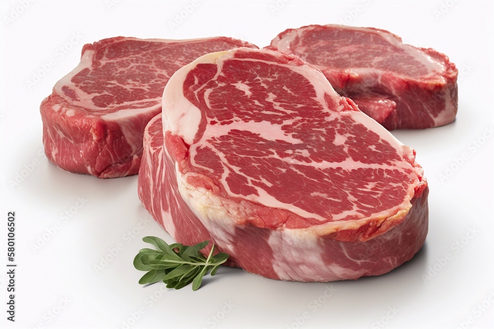Beef steak isolate. A juicy prime rib eye steak isolated on a white background. Generative AI