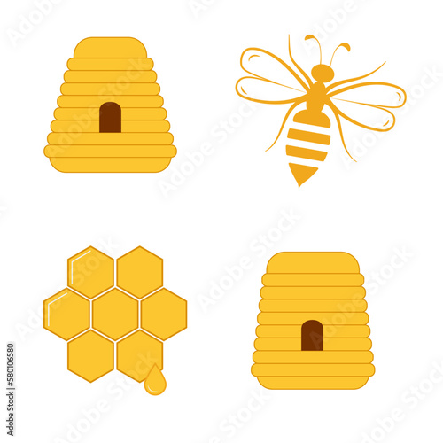 Yellow color bee hives, honey bee, hexagon cells, honeycombs, flat style icon symbol. Vector design, logo or label concept drawings isolated on white background.