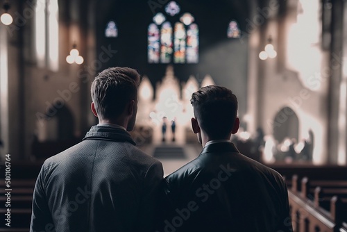 Rear view gays in church. Generative AI
