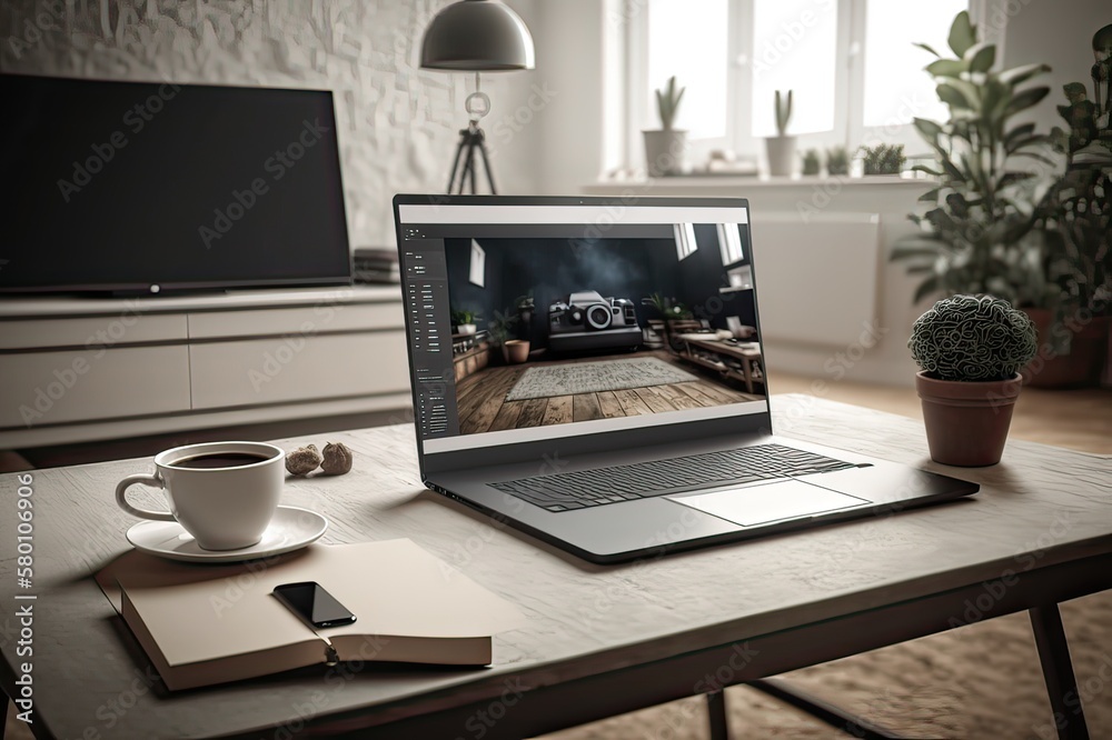Working From Home: Laptop on Table, Living Room View. Photo generative AI Working From Home: Laptop on Table, Living Room View. Photo generative AI