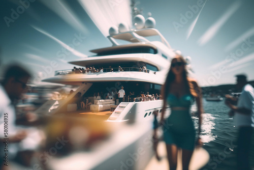 Blurred shoot, party on a yacht on a sunny day, people are relaxing. Generative AI