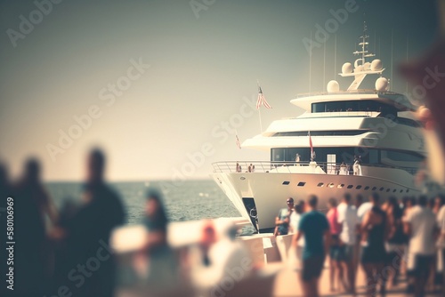Blurred shoot, party on a yacht on a sunny day, people are relaxing. Generative AI