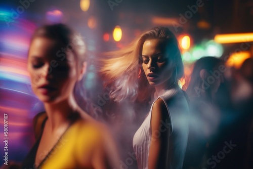 Young happy people are dancing in club. Nightlife and disco concept. Generative AI