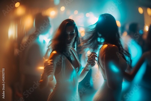 Group of happy friends dancing in night club. Generative AI