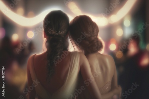 Two lesbian women hugging in a wedding hall. Generative AI