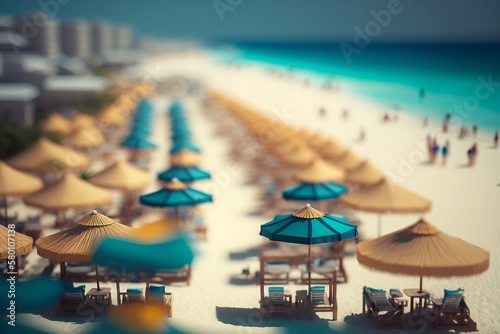 Blurred beach resort filled with comfortable sunbeds and umbrellas. Generative AI