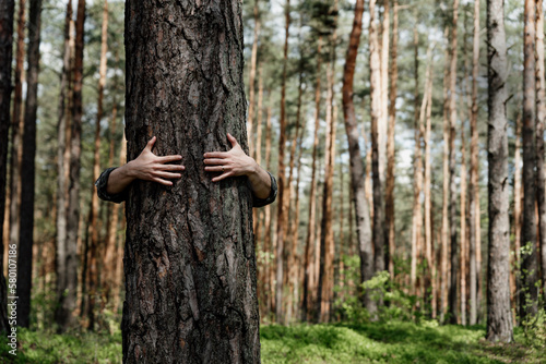 Man hugging tree in forest, embracing tree trunk with both hands. Giving hug to old tree as a symbol for nature love, sustainable development and environment protection