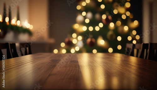 Wood Table on Blurred Christmas Tree Background  Festive Mockup  Dark Wood Table Top  8k  realistic photo  ultra hd  high definition. Generative AI