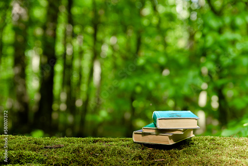 Old books lying on green moss in forest with trees in background. Books with old paper pages. Concept of knowledge, wisdom, fairy tales