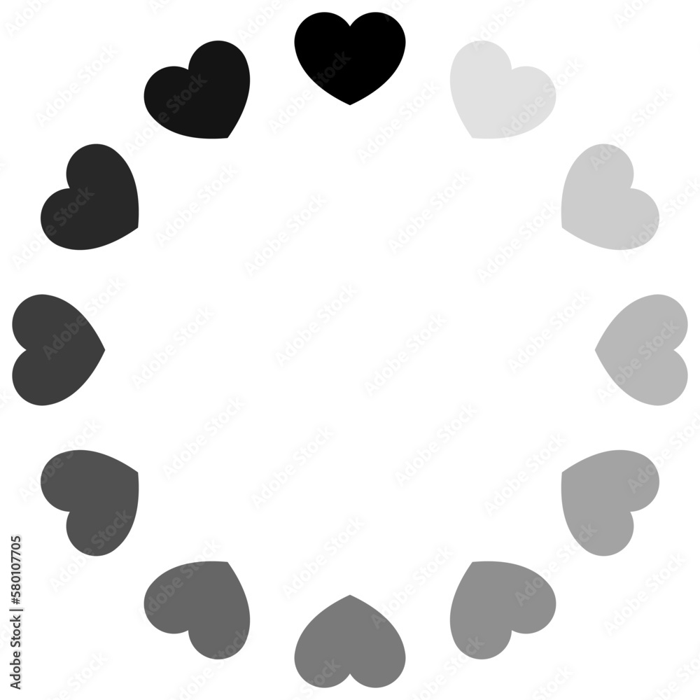 Progress circle with twelve black, gray color hearts, love loading, concept idea for mobile apps, web sites, games, romance, valentine's day flat style vector design illustration isolated on white. Progress circle with twelve black, gray color hearts, love loading, concept idea for mobile apps, web sites, games, romance, valentine's day flat style vector design illustration isolated on white.