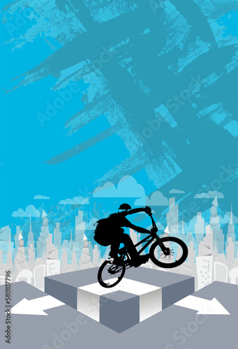 Active young man doing tricks on a bicycle, extreme sport concept. Sport background ready for poster or banner, vector.