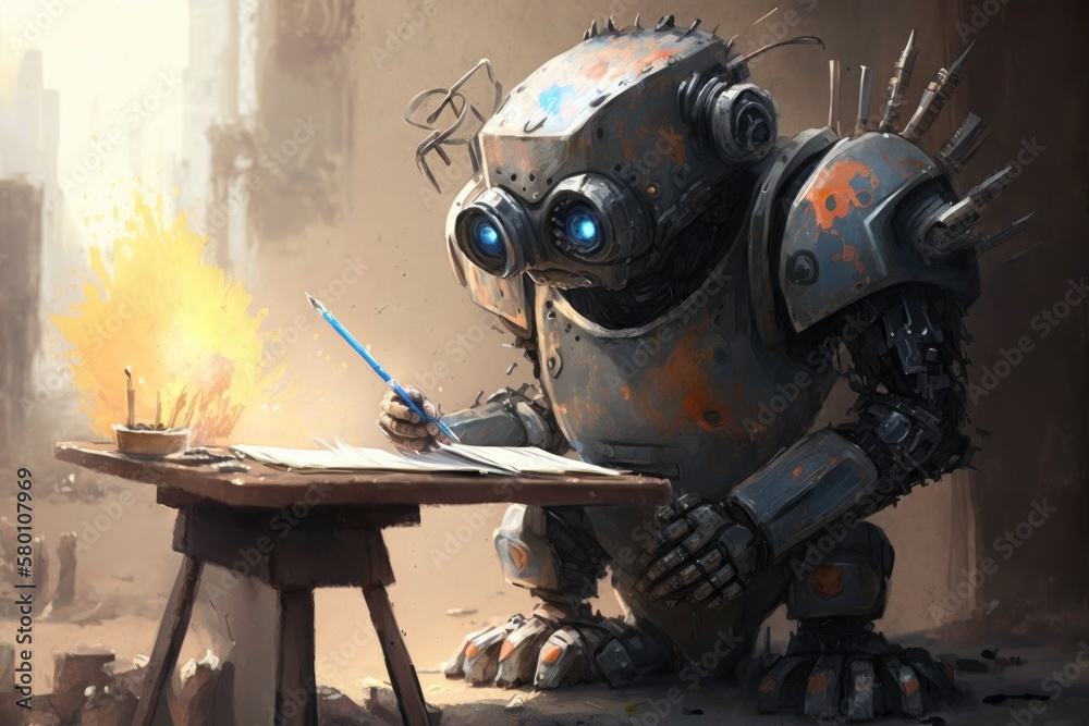 A humanoid robot artist paints a picture in an art workshop. Future concept with smart robotics and artificial intelligence. A humanoid robot artist paints a picture in an art workshop. Future concept with smart robotics and artificial intelligence.