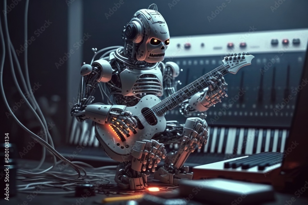 Humanoid cyborg robot playing a guitar. Artificial intelligence concept Humanoid cyborg robot playing a guitar. Artificial intelligence concept