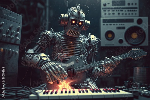Humanoid cyborg robot playing a guitar. Artificial intelligence concept
