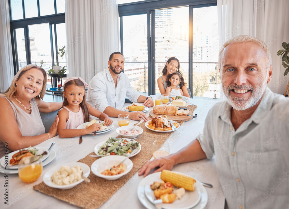 Big family, lunch selfie and food on table of dining room of modern apartment home for healthy meal, bonding love and celebrate event. Happy mother, father and children with grandparents eat together