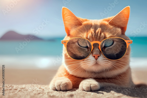 Cute cat in summer on the seaside beach with sunglasses.