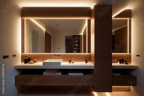 Square mirror in the white bathroom with LED lights. Bathroom interior. Generative AI.