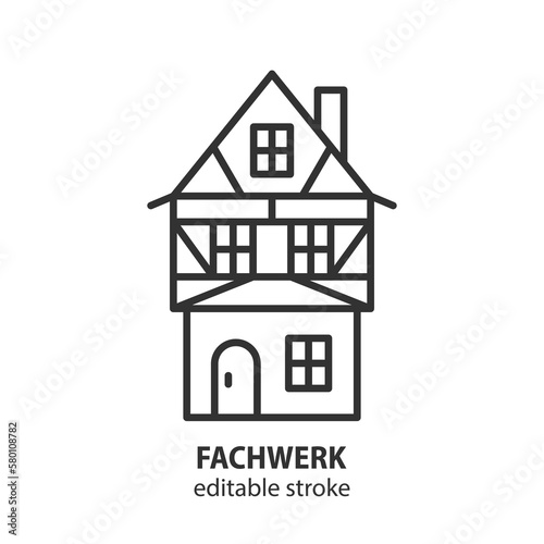 Fachwerk house line icon. Old building vector illustration. Editable stroke.