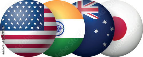 round ball flags of Australia, United States, Japan, India as new military alliance quad security pact between countries	