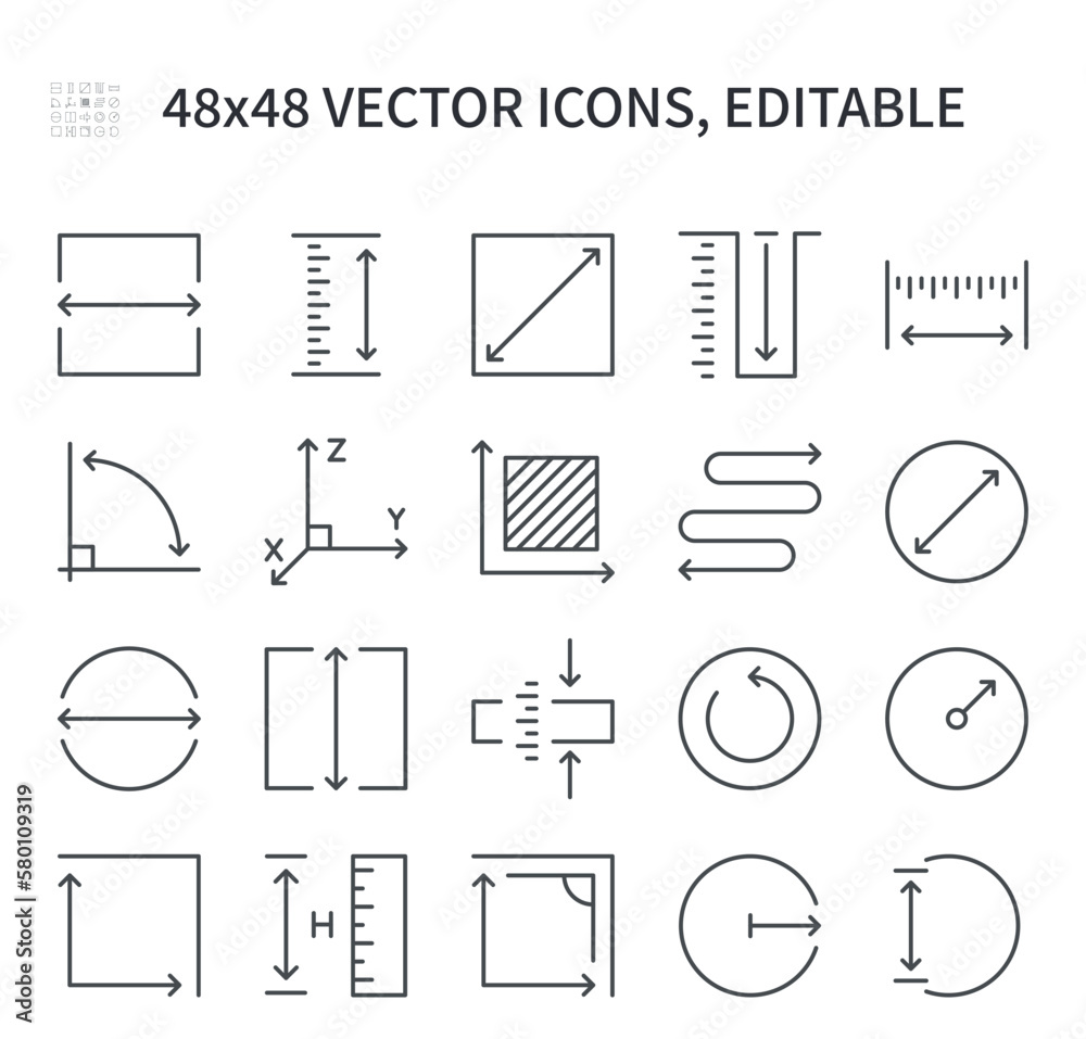 Simple vector line icons. On the subject of distance and length with magnification. Contains values ​​such as magnification, reduction, size measurement, diameter, and others.
 - obrazy, fototapety, plakaty 