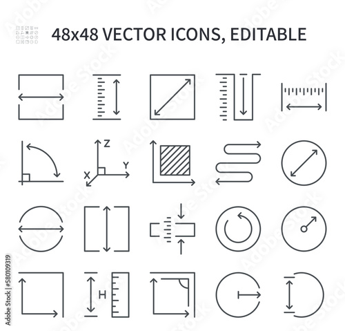 Simple vector line icons. On the subject of distance and length with magnification. Contains values ​​such as magnification, reduction, size measurement, diameter, and others.
 photo