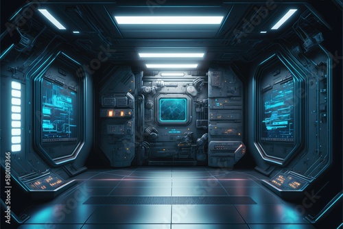 Fototapeta Naklejka Na Ścianę i Meble -  Abstract in futuristic interior architecture of spaceship with power generative technology. Concept of control room with neon color light outer space. Finest generative AI.