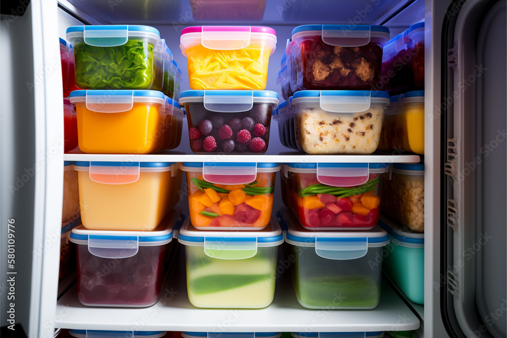 open fridge door full of plastic tubs of meal prep stacked up on each