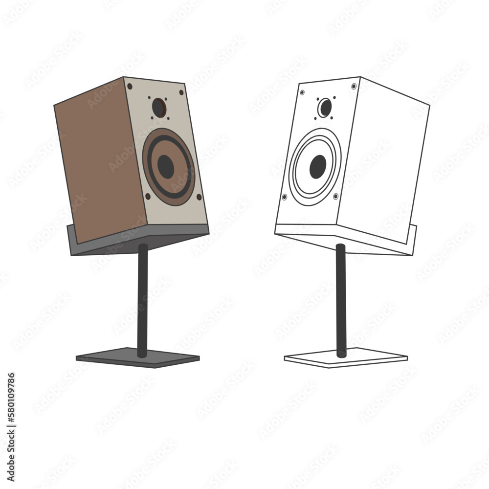 speaker illustration with outline and wood color palette fill, speaker on a stand, audio monitors, studio speaker speaker illustration with outline and wood color palette fill, speaker on a stand, audio monitors, studio speaker