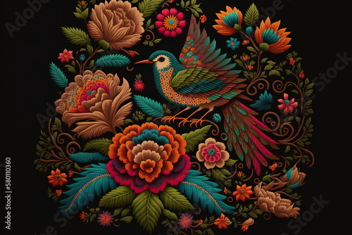 Traditional Mexican embroidery with wondrous textile featuring symmetric intricate patterns of seamless colorful birds and flowers as decorative artwork by Generative AI. photo
