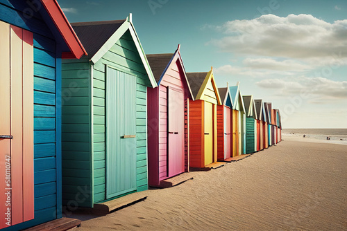 Fotografiet row of colorful beach huts on a sandy beach with a pier in the distance - Genera