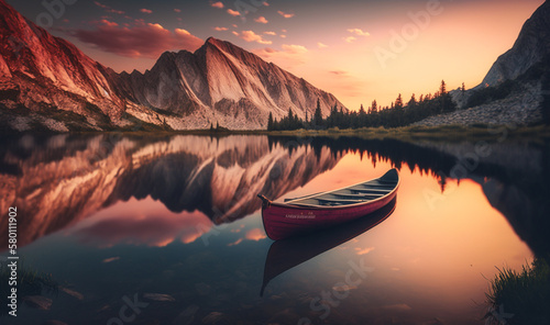 Tableau sur toile Summer sunset, mountain lake, aluminum canoe - Generative AI