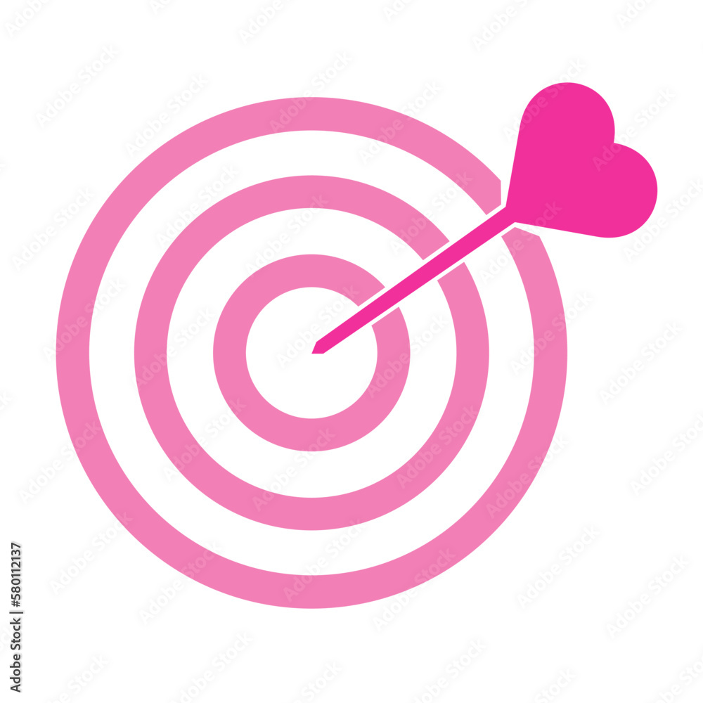 Target icon, pink heart arrow on target, flat style trendy colors object. Romance, love, valentine's day idea or concept illustration graphic element isolated on white background. Target icon, pink heart arrow on target, flat style trendy colors object. Romance, love, valentine's day idea or concept illustration graphic element isolated on white background.