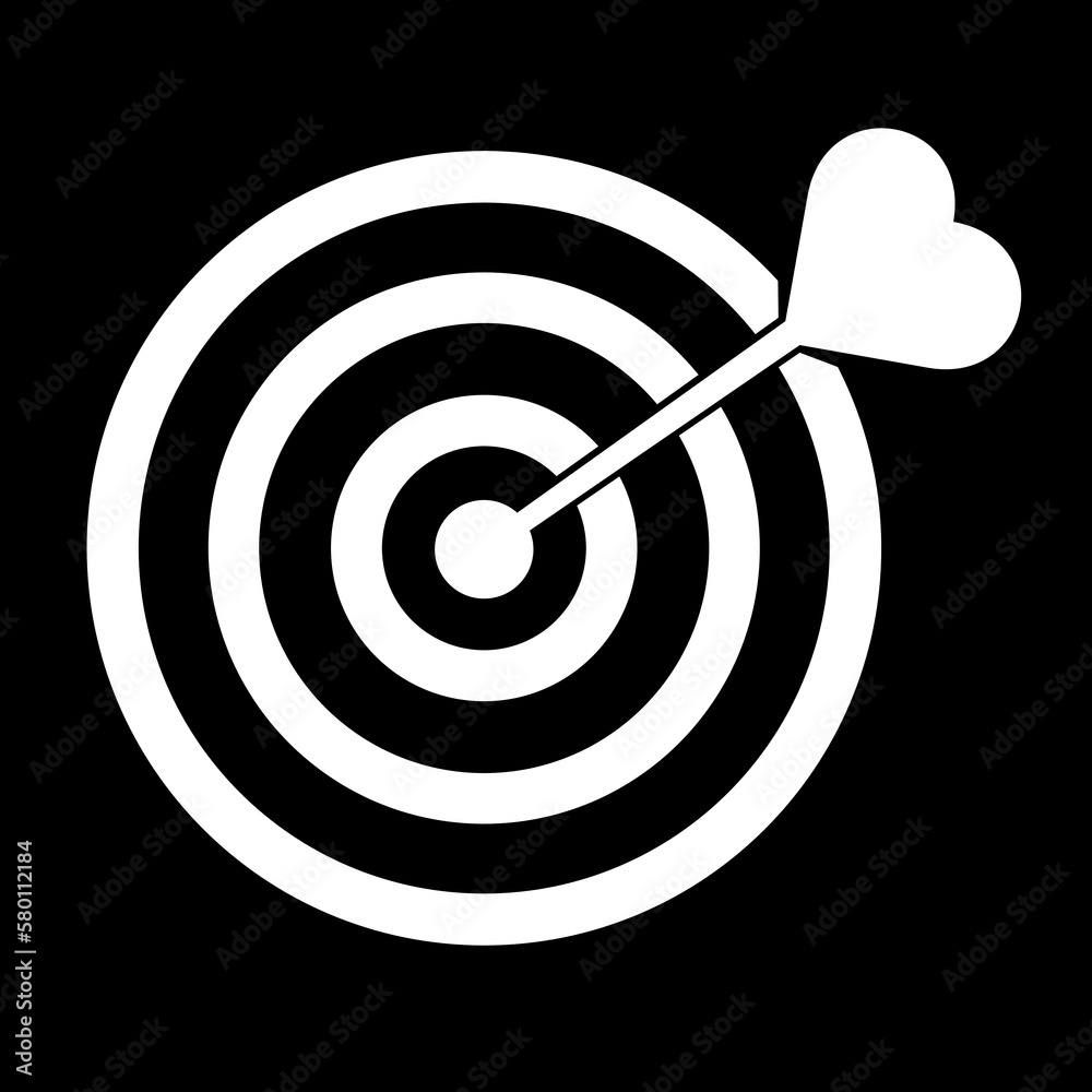 Target icon, white color heart arrow on target, flat style trendy drawing object. Success idea concept illustration graphic element isolated on dark background. Target icon, white color heart arrow on target, flat style trendy drawing object. Success idea concept illustration graphic element isolated on dark background.