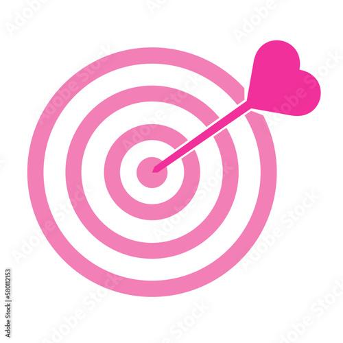 Target icon, pink heart arrow on target, flat style trendy colors object. Romance, love, valentine's day idea or concept illustration graphic element isolated background.