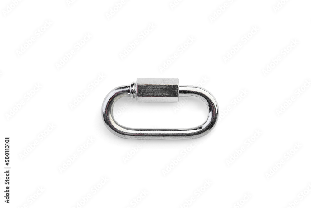 A screw carabiner for chain fastening on a white background. Top view. A screw carabiner for chain fastening on a white background. Top view.
