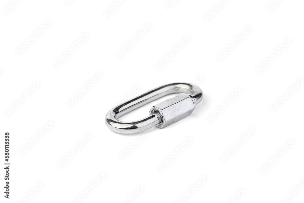 A screw carabiner for chain fastening on a white background. A screw carabiner for chain fastening on a white background.