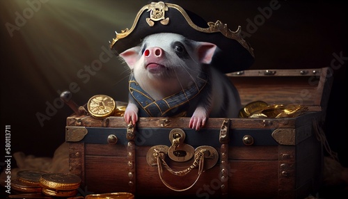 A mini pig with a pirate hat, sitting on a treasure chest full of gold coins. Generative AI photo
