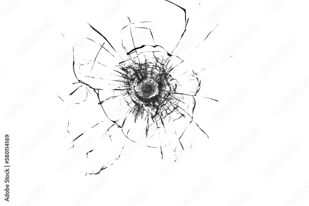 Broken glass from a bullet. Texture of broken glass.
