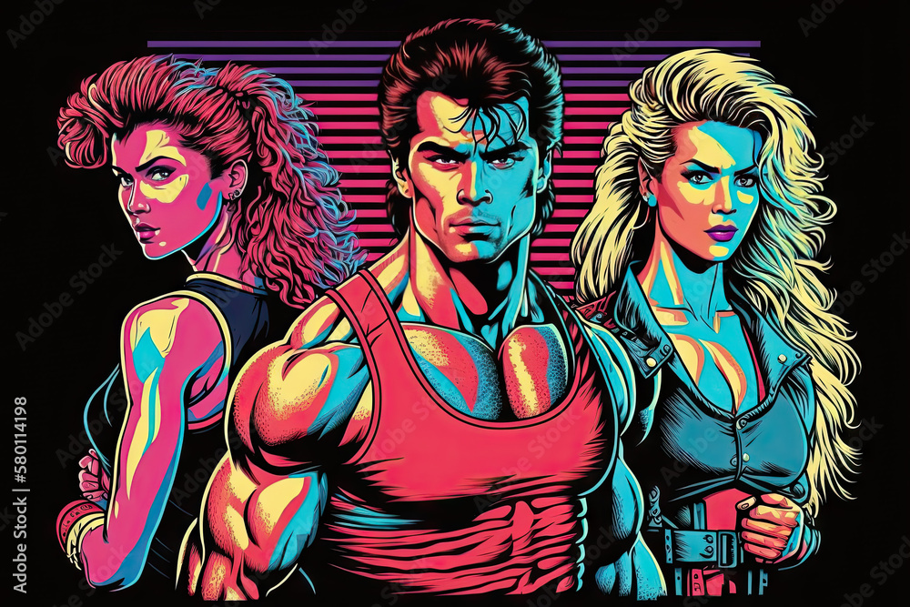 80s 90s retro style people ready to exercise created with Generative AI technology 80s 90s retro style people ready to exercise created with Generative AI technology