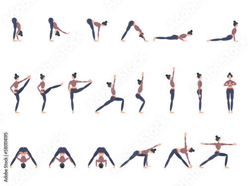 A set of twenty different yoga poses  a woman in blue and brown clothes on a mountain. Can be used for posters  banners  postcards.