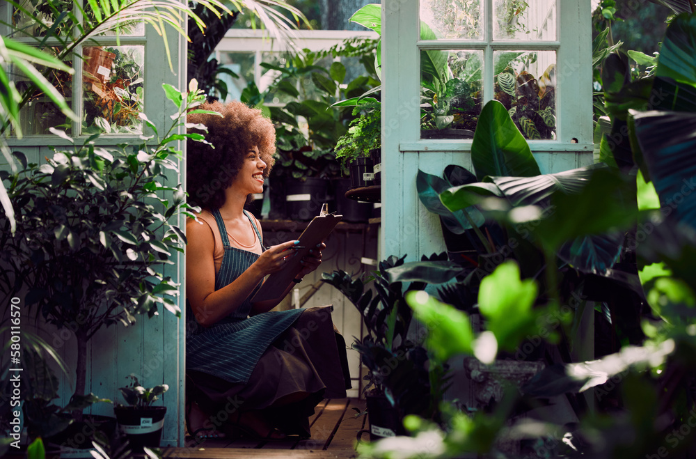 Plants, greenhouse and black woman with quality control, checklist and inventory management for small business shop, seller or supplier success. Agriculture manager with plant store or garden startup