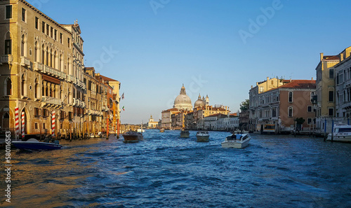 The panoramic and colorful view of canale grande in Venice during sunset.