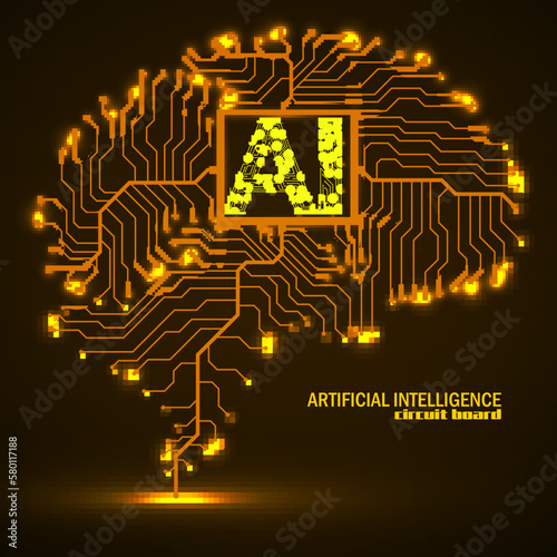 Abstract technological brain with Artificial Intelligence. Neon circuit board brain. Vector