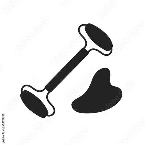Facial massage tools circular black and white gua sha roller concept, jade stone treatment vector icons, anti-aging tools symbols isolated on white background. Set guasha icon	
