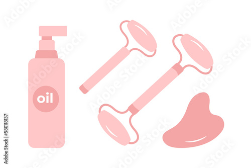 Facial massage tools circular pink and white gua sha roller concept, jade stone treatment vector icons, anti-aging tools symbols isolated on white background. Set guasha icon oil 	