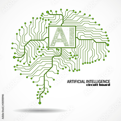 Abstract technological brain with Artificial Intelligence. Circuit board brain. Vector
