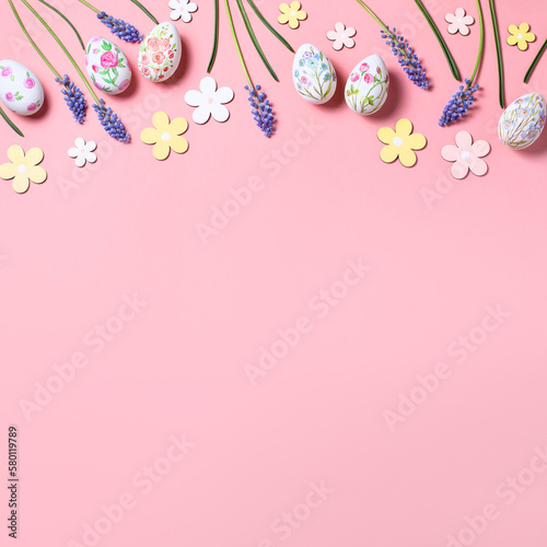 Easter card with flower design eggs, hyacinths, flower decor on pastel pink background