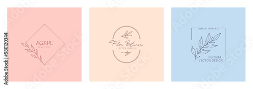 Set of vector floral emblems.Natural logo designs with linear branches,frames.Modern eco or bio badges in trendy minimalist style.Branding boho design templates.Letters with Agape means love