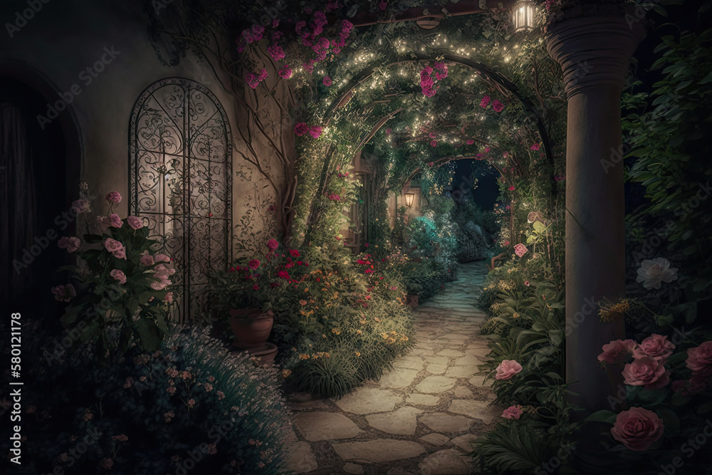 splendid image of a beautiful and magical garden illuminated at night.